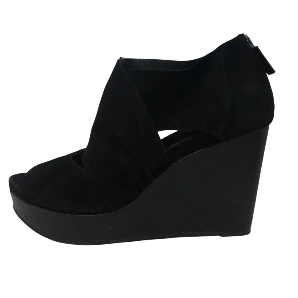 Eileen Fisher Black Leather Open Toe Platform Wedge Sandals Womens 9